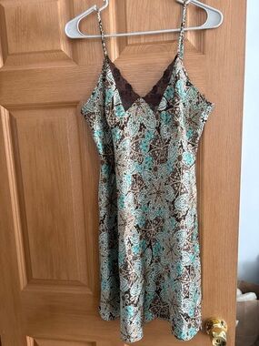 Vintage Adonna Women's Brown & Teal Lace-Trim Slip Dress
